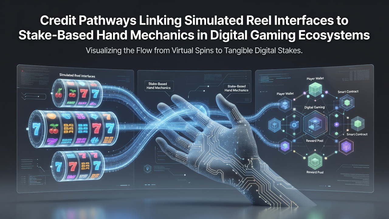 Digital interface showing interconnected credit flows between reel simulations and stake-based hand games on a mobile platform