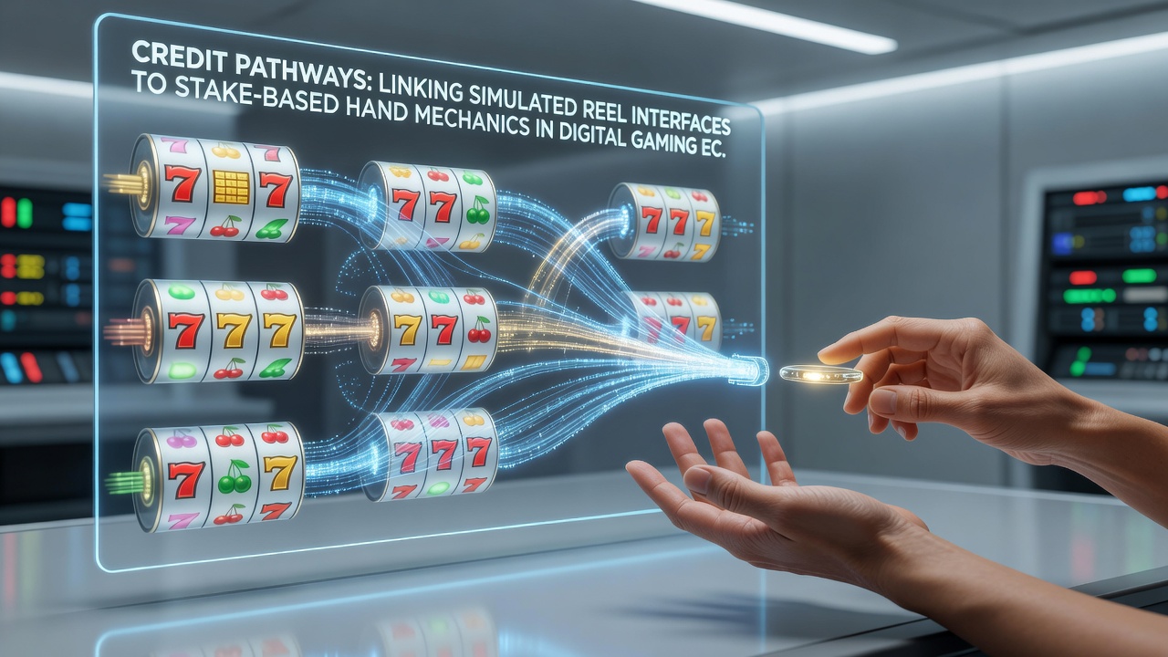 Flow diagram illustrating credit movement from reel interfaces through central ledgers to stake-based hand mechanics