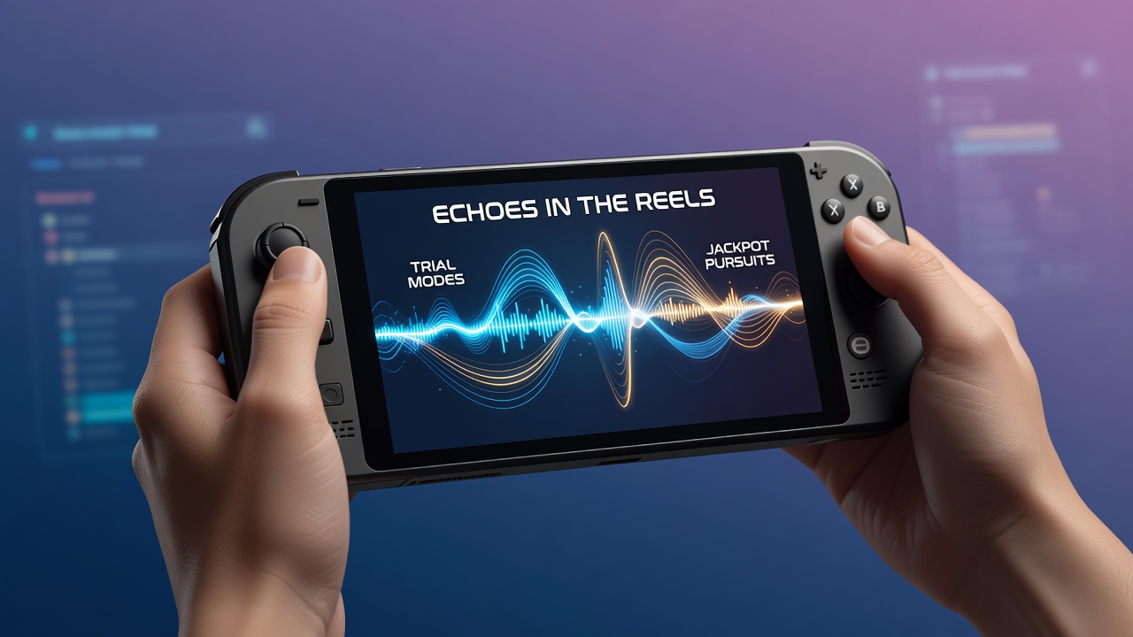Handheld multi-game platform displaying slot reels with acoustic waveform overlays during mode transition