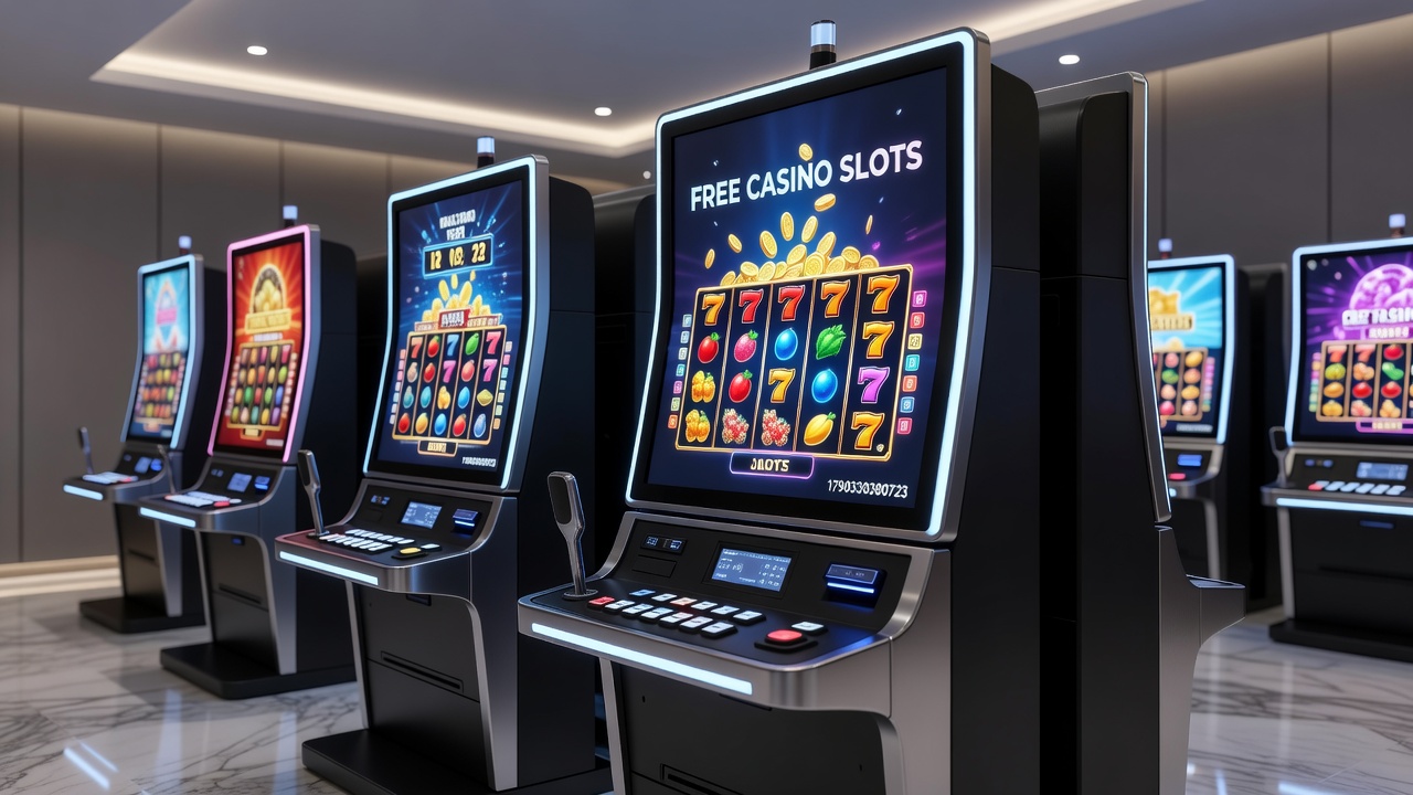 Close-up view of a mobile screen displaying free casino slots with bonus round activated and credit meter visible