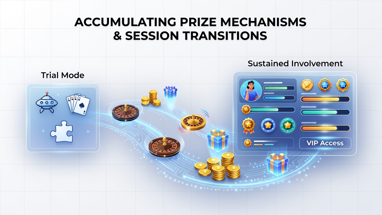 Digital gaming interface showing prize accumulation meters across slots and poker formats during a session transition