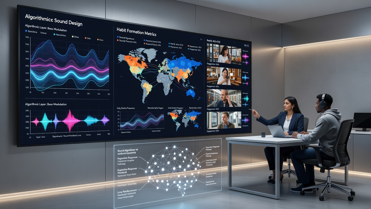 Global user engagement map overlaid with sound frequency data points from digital reel applications