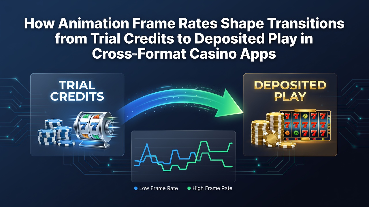 Cross-format casino app interface showing smooth reel animations at varying frame rates during trial credit sessions