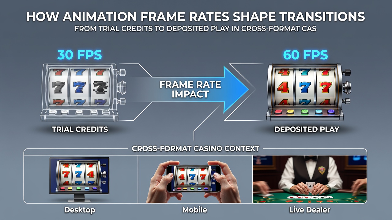 Mobile screen displaying frame rate metrics and transition flow from trial credits to real deposits in a casino application