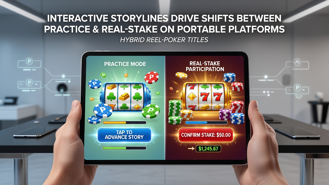 Mobile screen displaying a hybrid reel-poker game with branching storyline choices during a practice session