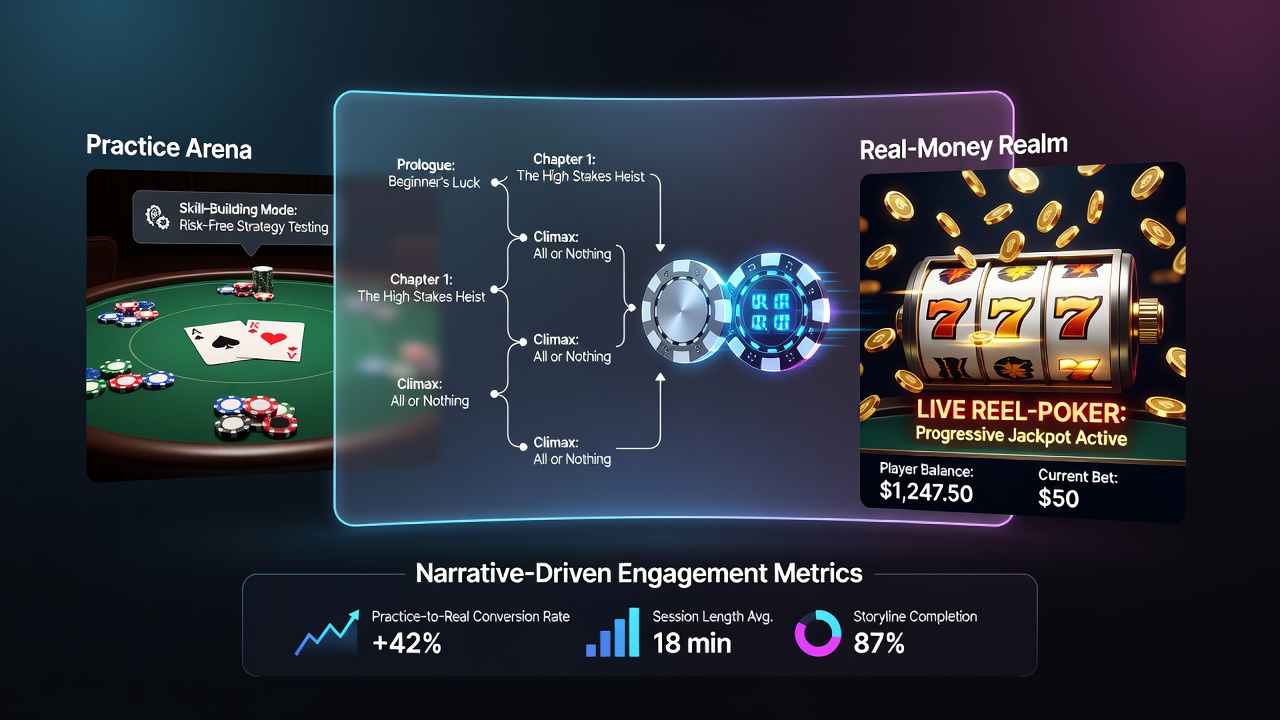 Split view of practice mode versus real-stake interface in a portable hybrid game with storyline progress indicators