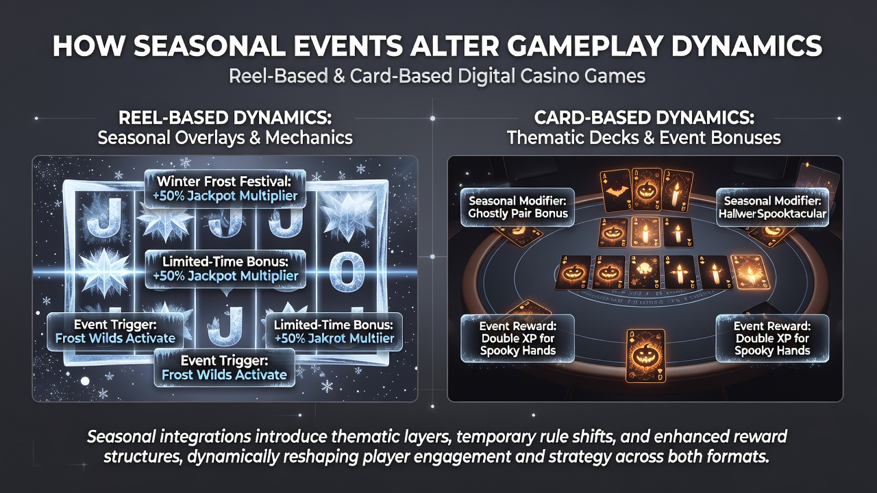 Card-based game table with seasonal overlays and reel interface showing event-triggered bonus rounds