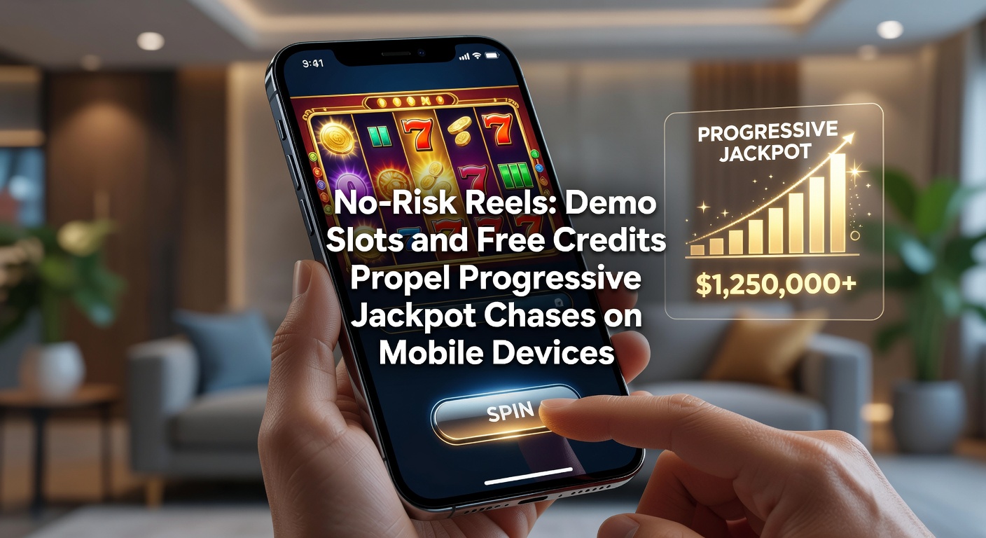 Mobile screen displaying a demo slot game with progressive jackpot meter ticking upward amid colorful reels and free credit icons