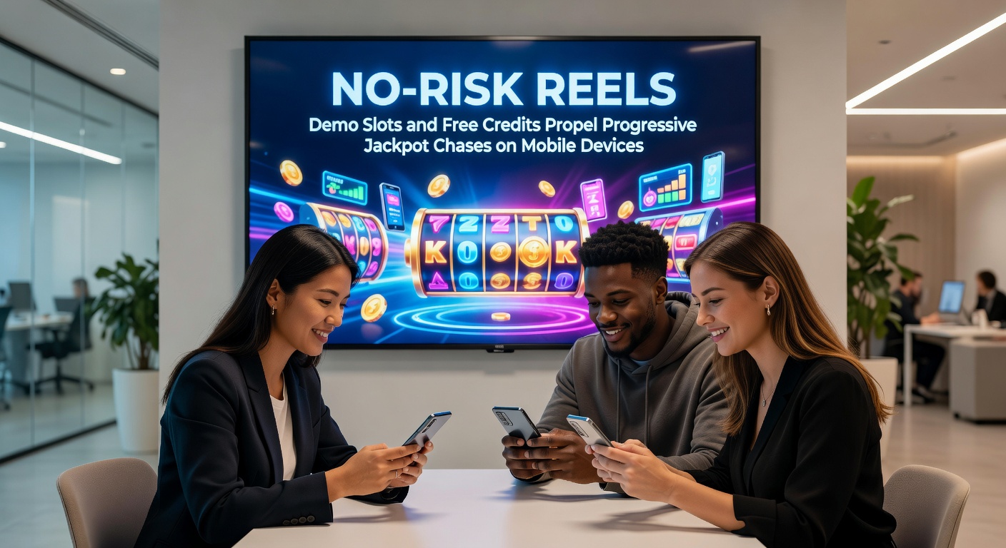 Smartphone interface showing free credits being applied to a progressive slot chase, with jackpot counter at $1.2 million and no-deposit bonus popup