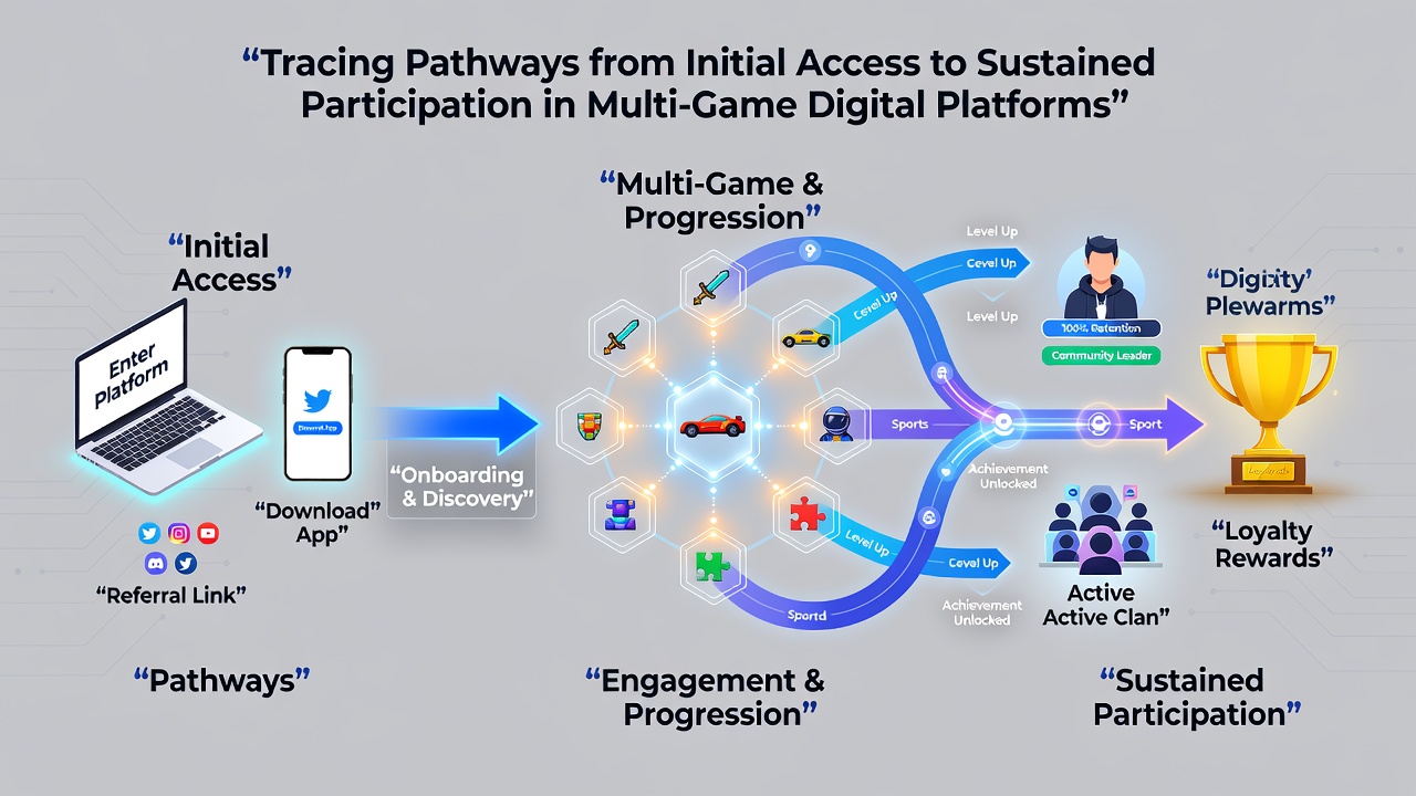 Flowchart diagram illustrating user pathways from initial rewards to sustained engagement across multiple games