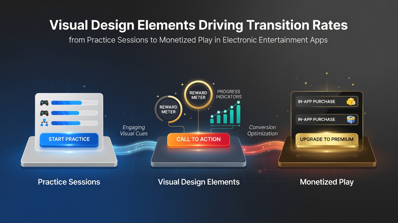 Interface mockups highlighting color gradients and button placements that guide users from free practice modes to paid features in mobile gaming apps